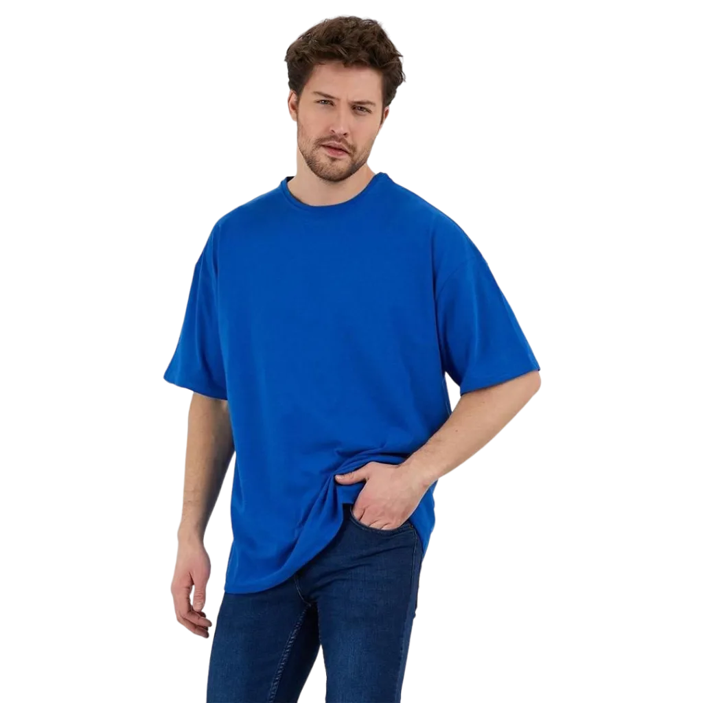 Erkek desensiz oversize mavi t-shirt %100 pamuk