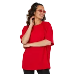 Kadın Desensiz Oversize Kırmızı T-Shirt