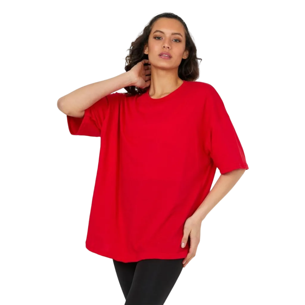 Kadın desensiz oversize kırmızı t-shirt %100 pamuk