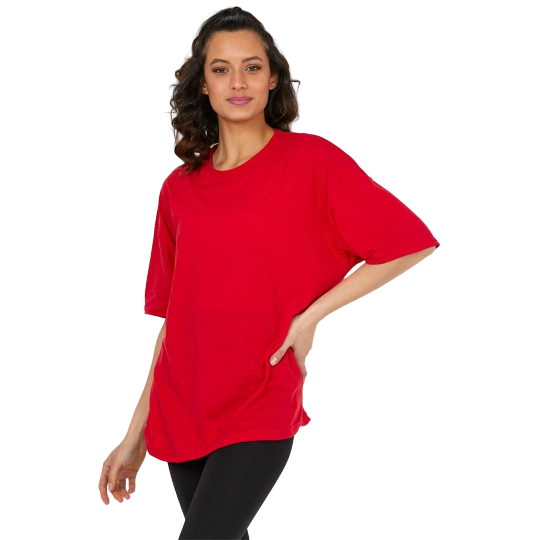 Kadın Desensiz Oversize Kırmızı T-Shirt 3