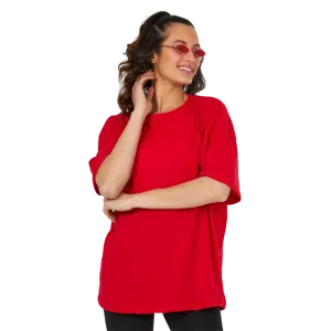 Kadın Desensiz Oversize Kırmızı T-Shirt
