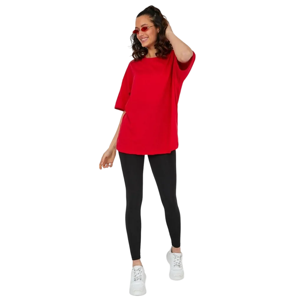 Kadın desensiz oversize kırmızı t-shirt %100 pamuk