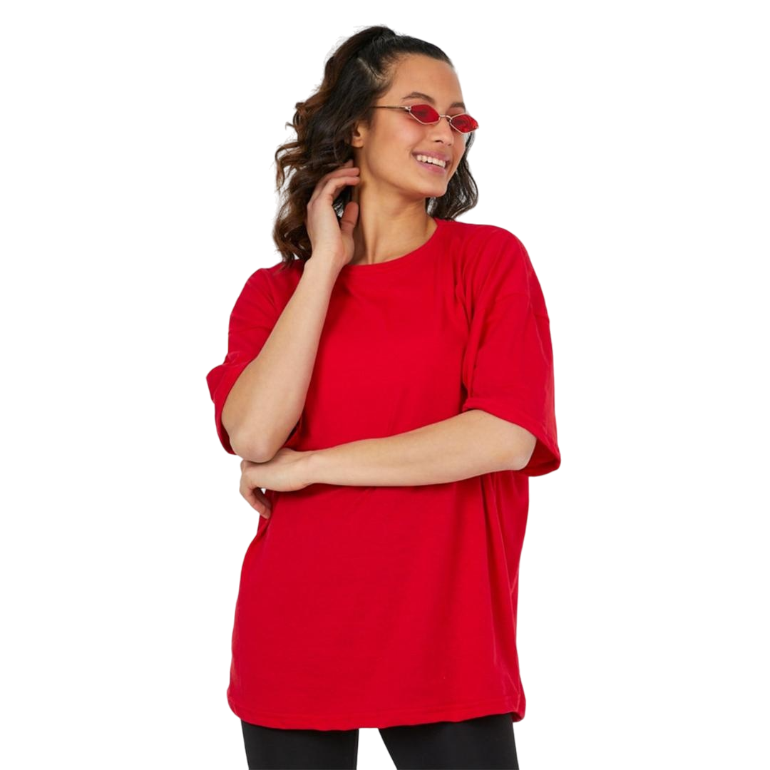 Kadın Desensiz Oversize Kırmızı T-Shirt
