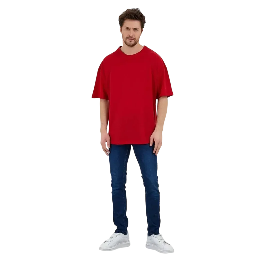 Erkek desensiz oversize kırmızı t-shirt %100 pamuk - görsel 4