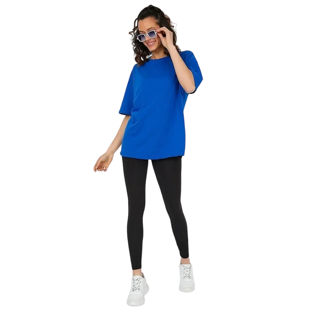 Kadın desensiz oversize mavi t-shirt %100 pamuk - görsel 3